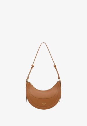 Brown leather handbag with a curved shape, featuring a zip closure and a single adjustable strap. Gold logo accent on the front.