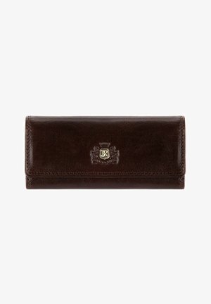 Dark brown leather wallet featuring a smooth texture, snap closure, embossed logo, and contrast stitching along the edges.