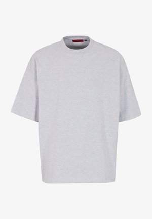 Hellgraues, übergroßes T-Shirt mit kurzen Ärmeln, Rundhalsausschnitt, aus weichem Material, mit geradem Saum ohne Muster oder Verzierungen.