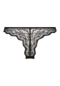 Tanga in pizzo nero con motivo floreale intricato, bordi scallop e una fascia morbida, che mette in mostra una texture semitrasparente.