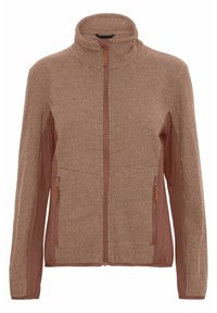 Brown zip-up jacket with a textured front, smooth sleeves, two side pockets with zippers, and a high collar design.