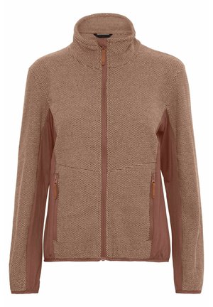 Brun zip-up jakke med teksturert front, glatte ermer, to sidelommer med glidelås og høy kragedesign.