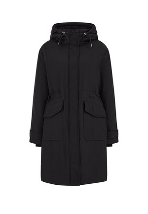 Parka nera con cappuccio, dotata di corde regolabili, due ampie tasche frontali e chiusura con zip. Tessuto liscio e opaco.