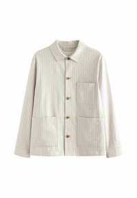 Jachetă bej deschis cu dungi verticale, guler, închisă cu butoane și două buzunare frontale. Fabricată dintr-un material țesut cu o textură netedă.
