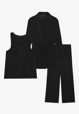 Black three-piece loungewear set includes a sleeveless top with a V-neck, a tie-waist cardigan, and wide-leg pants, all in soft fabric.