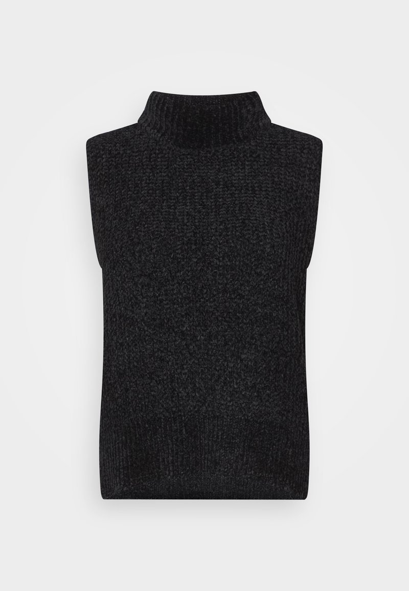 Pull sans manches noir à col roulé en tissu tricoté texturé, présentant un col haut et une coupe décontractée, idéal pour superposer.