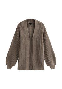 Cardigan marrone, lavorato a maglia, con apertura frontale, polsini a coste e una vestibilità rilassata. Presenta motivi testurizzati sul corpo e sulle maniche.