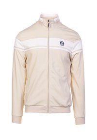 Giacca da track beige con zip, caratterizzata da un colletto alto, strisce orizzontali bianche sul petto e un logo sul lato sinistro.