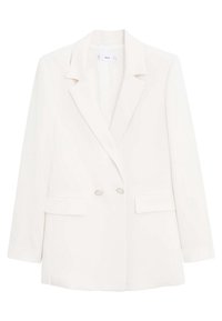 Bílý upravený blazer s klopami, dvouřadovým zapínáním a dvěma předními kapsami s klopami, položený na bílém pozadí.