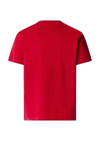 T-shirt rouge à manches courtes et col rond, présenté à plat, montrant le dos sur un fond blanc.