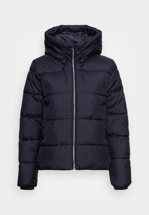 Marineblaue gepolsterte Jacke mit Reißverschluss, hohem Kragen und Kordelzugkapuze. Verfügt über gesteppten Bereiche und elastische Bündchen für zusätzliche Wärme.