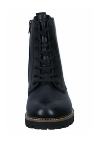 Bottine en cuir noir avec un bout arrondi, des lacets sur le devant, une fermeture éclair sur le côté et une semelle en caoutchouc texturée. Elle présente un détail de couture contrastant.