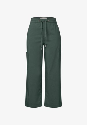 Groene wijdvallende broek van zacht materiaal, met een drawstring taille, twee zijzakken en een gladde textuur.