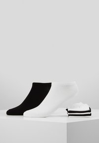 Schwarz-weiße Knöchelsocken. Die schwarze Socke hat eine glatte Textur; die weiße Socke hat gerippte Akzente. Drei weitere gestreifte Socken sind daneben gestapelt.