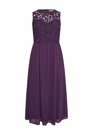 Abito midi viola con corpetto in pizzo aderente e gonna fluida in chiffon. Design senza maniche con scollatura rotonda e chiusura con cerniera sul retro.