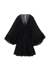 Robe en chiffon noir avec des manches larges et fluides et un décolleté en V. Présente des volants superposés à l'avant et une fermeture dans le dos.