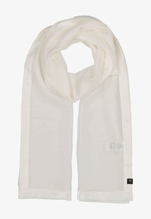 Weiße Schärpe aus weichem Material, mit glatter Textur und satinähnlichem Glanz. Verfügt über gestickte Kanten und ein kleines schwarzes Markenlabel.