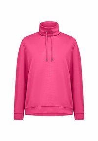 Felpa rosa con un colletto alto e cordino regolabile. Realizzata in tessuto morbido, presenta maniche lunghe e una vestibilità comoda.