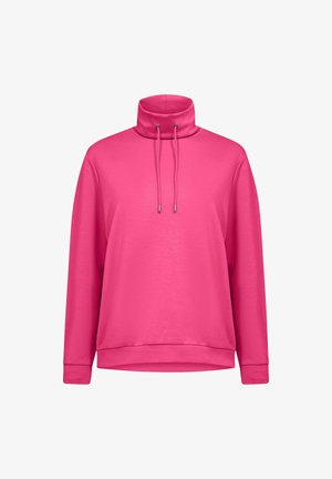 Roze sweatshirts met een hoge kraag en verstelbare trekkoorden. Gemaakt van zachte stof, met lange mouwen en een losse pasvorm.