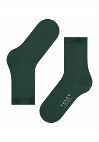 Calze in lana di colore verde scuro fino a metà polpaccio con polsini a coste, una mostra il testo sulla suola "FALKE COSY WOOL" e i dettagli della taglia.
