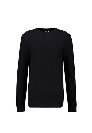 Suéter de punto negro con un cuello redondo clásico, mangas largas y un patrón texturizado. Presenta puños y dobladillo acanalados para un ajuste ceñido.