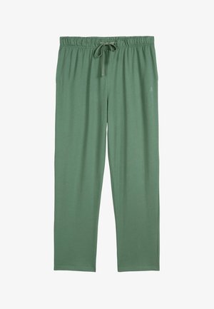 Pantalones jogger de color verde claro con una cinturilla elástica, cordones ajustables y una textura suave. Presentan un pequeño logo en la parte delantera.
