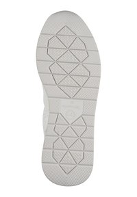 Valge kummist kinga talla osa, millel on tekstuuriga tallamuster, mis sisaldab geomeetrilisi kujundeid ja logot kanna lähedal. Sujuvad servad ja kaarjas disain.
