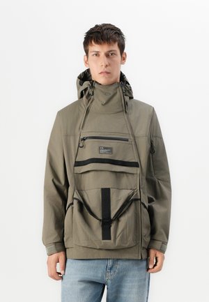 Olive green hooded jacket with a zippered front pocket, adjustable cuffs, and black hardware details. Features a large front pouch with straps.