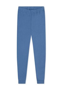 Blue stretch cotton leggings with an elastic waistband and fitted cuffs at the ankles, featuring a smooth texture and simple design.