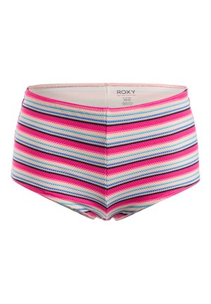 Striped swim shorts in pink, blue, and black. Features a high-waisted design, textured knit fabric, and a contrasting waistband.