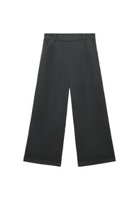Czarne szerokie spodnie wykonane z gładkiego materiału. Charakteryzują się wysokim stanem, plisami z przodu oraz skośnymi bocznymi kieszeniami dla wygody.