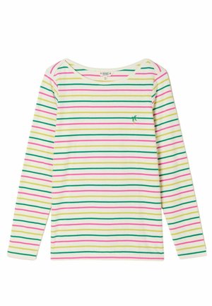 Valge pikkade varrukatega särk, millel on horisontaalsed rohelised, roosad ja kollased triibud ning rinnal väike roheline palmipuuga tikand.