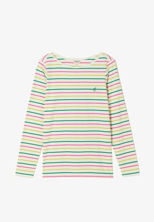 Valge pikkade varrukatega särk, millel on horisontaalsed rohelised, roosad ja kollased triibud ning rinnal väike roheline palmipuuga tikand.