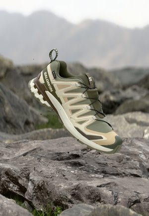 Chaussure de randonnée Salomon verte et beige suspendue au-dessus d'un terrain rocheux avec des montagnes floues en arrière-plan.