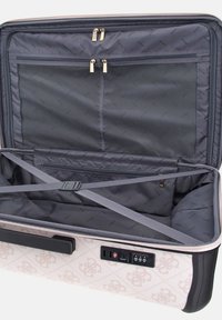 Valigia a motivi rosa chiaro con un ampio interno grigio dotato di numerose tasche, cinghie incrociate, chiusura combinata integrata e porta USB.