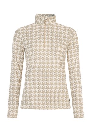 Beige Pullover mit langen Ärmeln und Hahnentrittmuster, ausgestattet mit einem hohen Kragen und einem halbseitigen Reißverschluss an der Vorderseite. Glatte Textur.