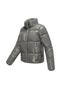 Chaqueta de plumas en gris metálico, con cuello alto, diseño acolchado, cremallera frontal y bolsillos laterales. Textura suave y brillante.