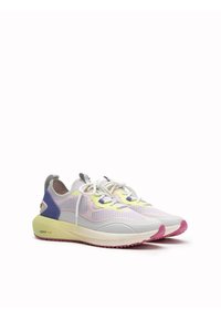 White and pastel-colored athletic shoes with mesh material, a thick sole, and pink accents. Features laces and a padded heel tab.