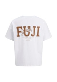 T-shirt bianco in cotone con la scritta "FUJI" stampata in marrone, caratterizzato da un'illustrazione di tigre e il testo "CUORE DEL GIAPPONE ISOLA HONSHU" sottostante.