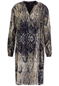 Šaty s dlouhým rukávem s hadím vzorem v odstínech černé, béžové a zlaté; navrženy s výstřihem do V a volným střihem.