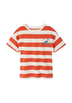 Short-sleeve orange and white horizontal striped t-shirt with "Surf Passion" text and a small beach graphic on the left chest.