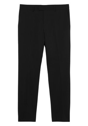 Black trousers made of smooth fabric, featuring a tailored fit, straight legs, and standard front pockets. No visible patterns or accents.