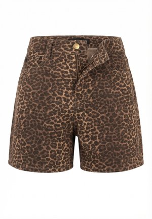 Shorts de mezclilla con estampado de leopardo, cremallera delantera parcialmente abierta y cierre con botón dorado sobre un fondo blanco.