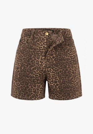 Leopard print denim shorts with front zipper partially open and gold button closure on a white background.