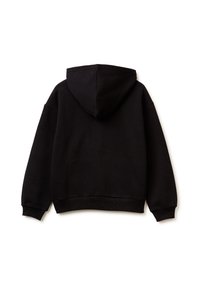 Felpa nera con cappuccio, dal tessuto morbido, con un taglio classico, polsini e vita a coste, cuciture visibili e un design semplice.