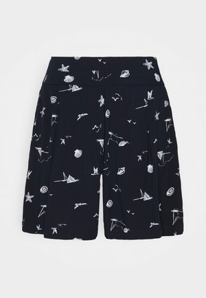 Mørkeblå shorts med hvidt nautisk print med sejlbåde, muslinger, søstjerner og måger, designet med bredt taljebånd og sidelommer.