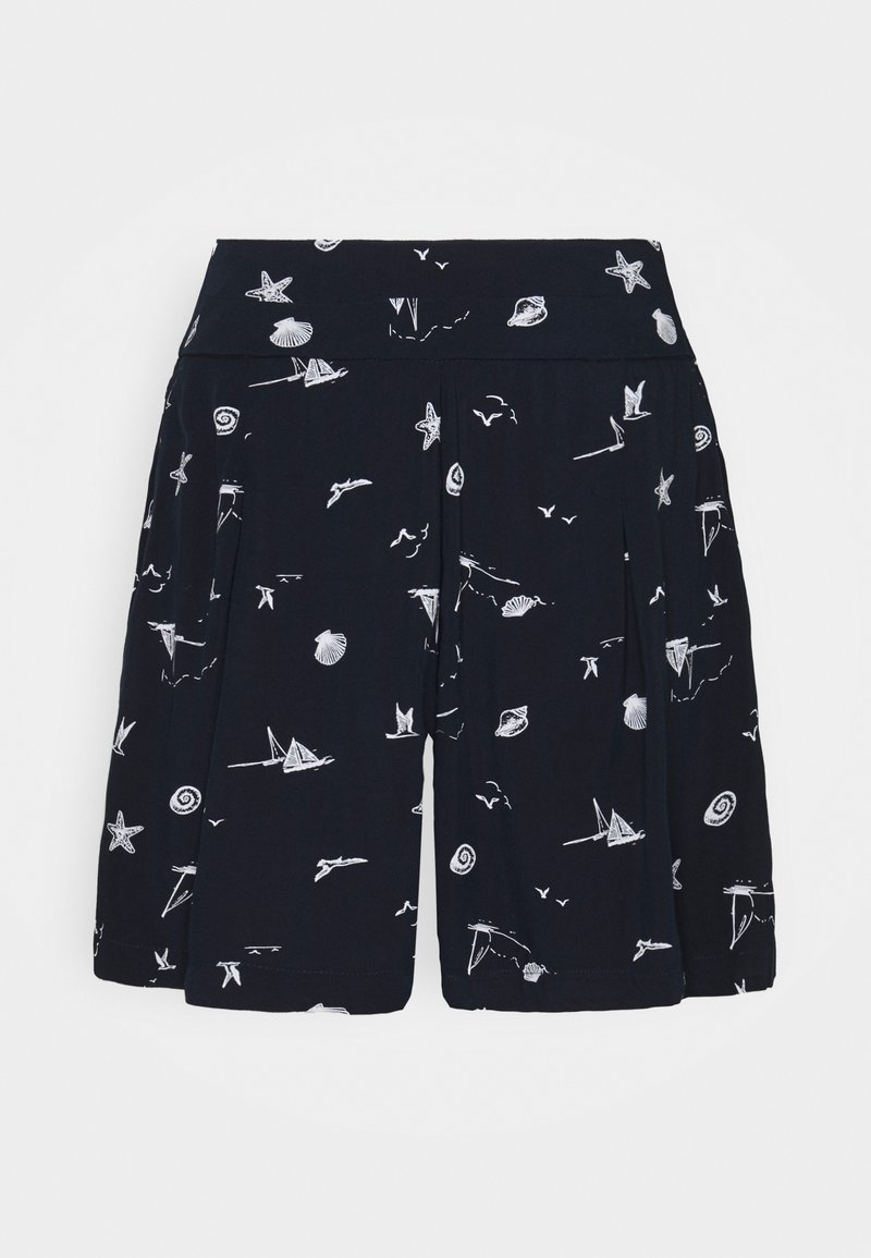 Short bleu marine avec imprimé nautique blanc présentant des voiliers, coquillages, étoiles de mer et mouettes, conçu avec une large ceinture et des plis latéraux.