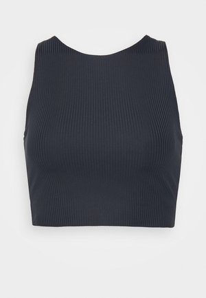 Ribbed, sleeveless crop top in dark navy. Features a scoop neckline and a fitted shape, made from stretchable knitted fabric.