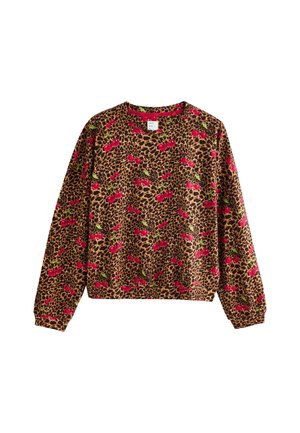 Mikina s leopardím potiskem a dlouhými rukávy, zdobená červenými třešněmi na zelených stoncích. Měkká látka, kulatý výstřih, uvolněný střih s manžetami na zápěstí.