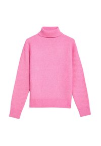 Różowy sweter o wysokim kołnierzu, wykonany na drutach, z ribbowaną teksturą, długimi rękawami i luźnym krojem. Posiada wysoki kołnierz i ribbowane wykończenie.